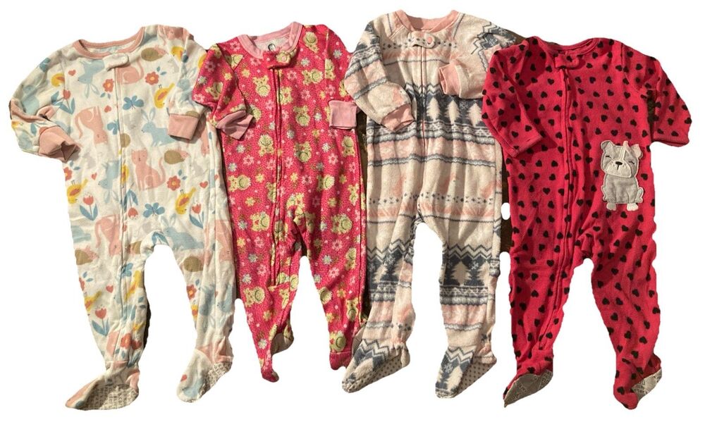 4-Girls size 9-12 Month Fleece Zip Footed Sleepers lot bundle